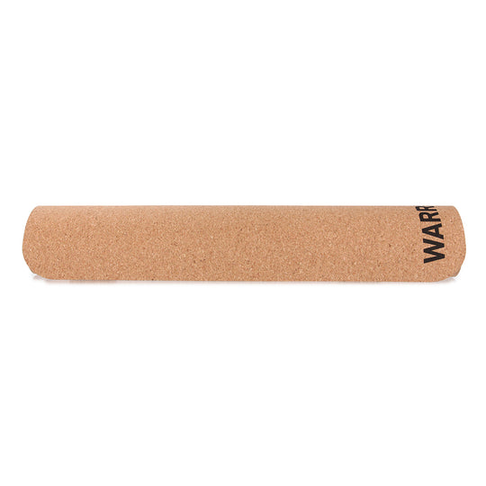 Rolled-up cork yoga mat with "WARR" visible.