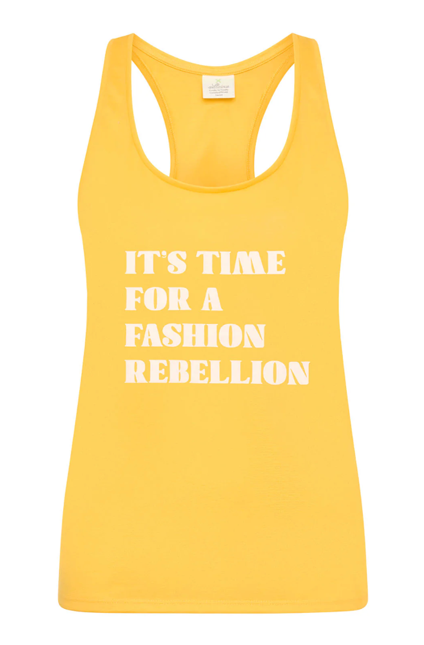 Yellow tank top with white text 'It's Time for a Fashion Rebellion' on a white background