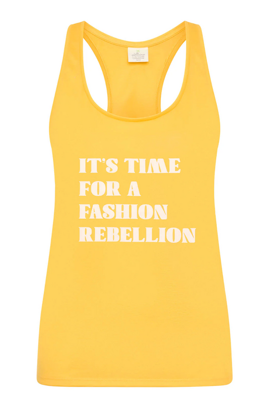 Yellow tank top with white text 'It's Time for a Fashion Rebellion' on a white background