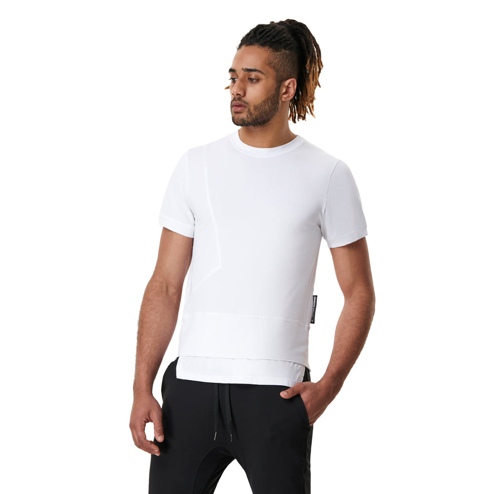 Man in white t-shirt and black pants.