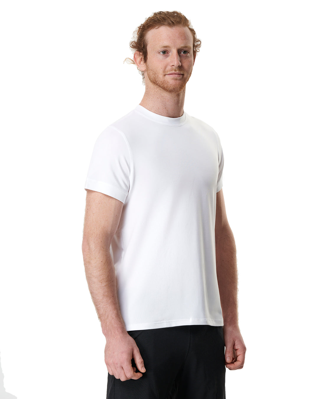 Man in white T-shirt and black shorts.