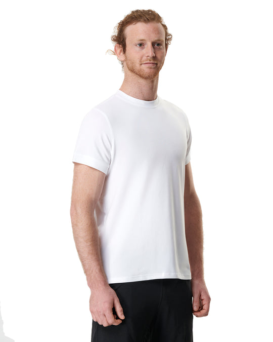 Man in white T-shirt and black shorts.