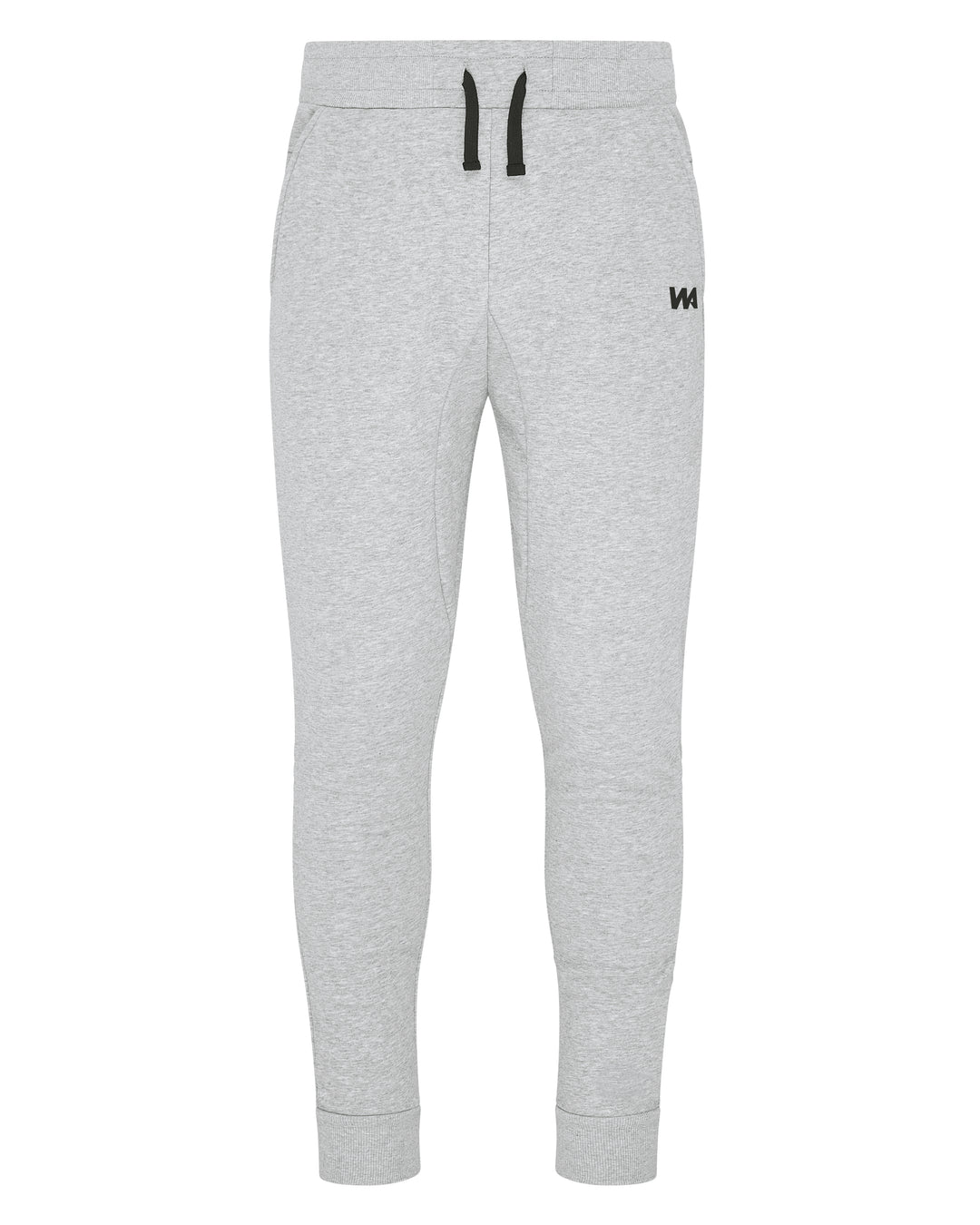 Gray sweatpants with a drawstring and the letters "WA" on the right thigh.