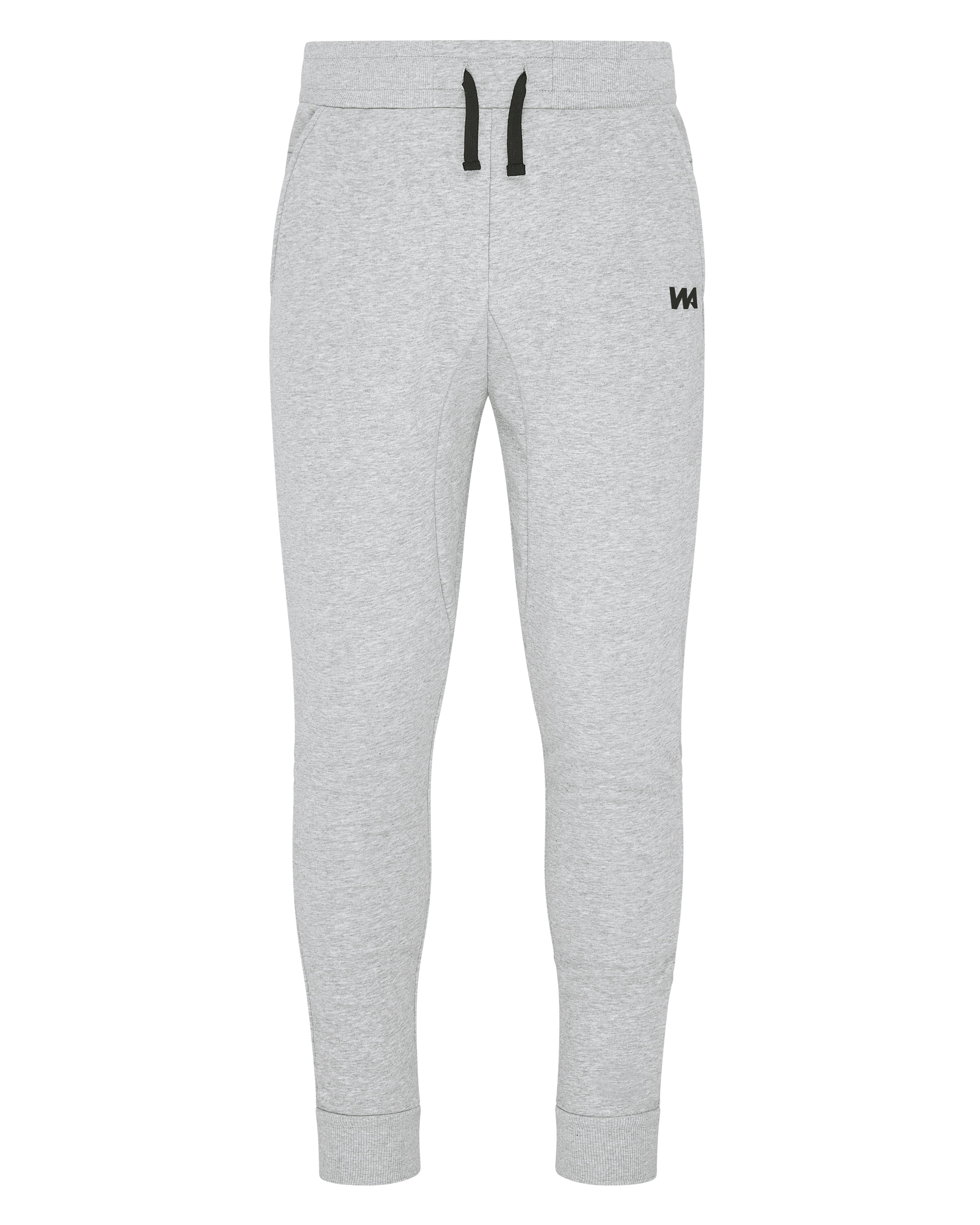 Gray sweatpants with a drawstring and the letters "WA" on the right thigh.
