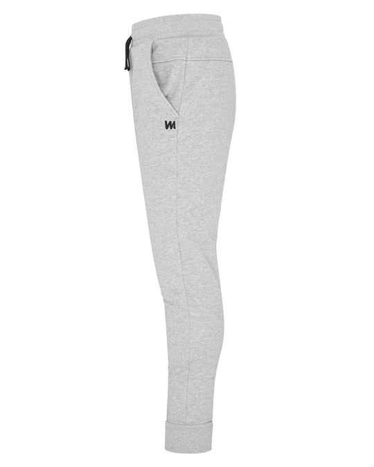 Gray cotton joggers with black drawstring.