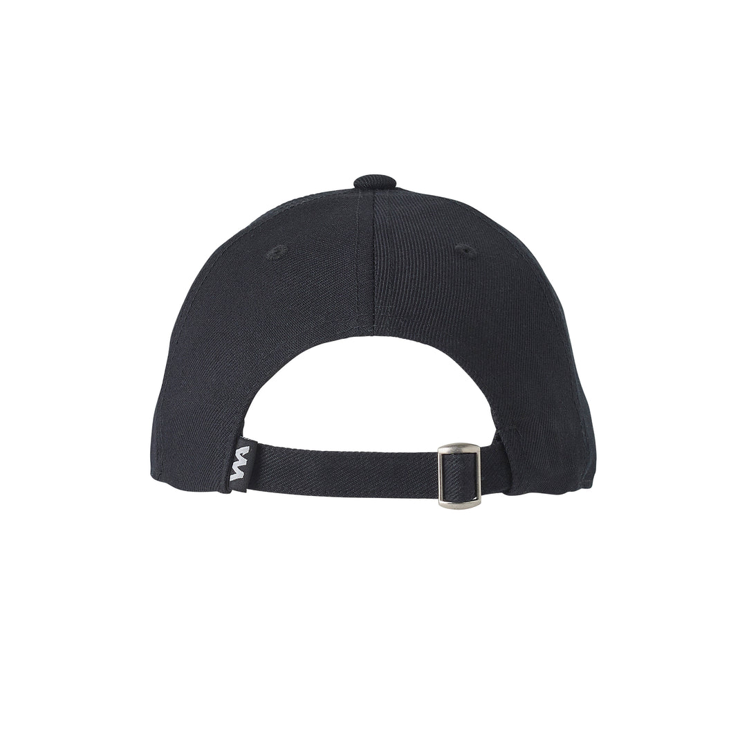 Back view of a black cap with adjustable strap.