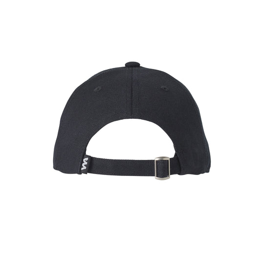 Back view of a black cap with adjustable strap.