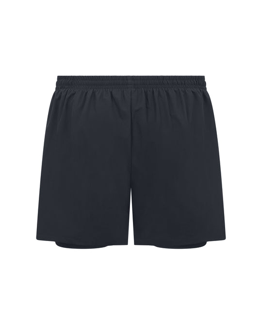 Dark blue running shorts with elastic waistband.