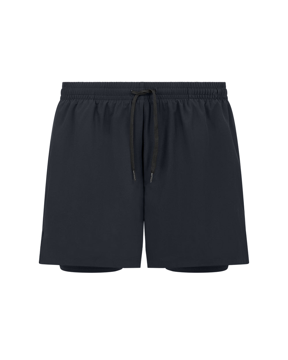 Black running shorts with elastic waistband and drawstring.