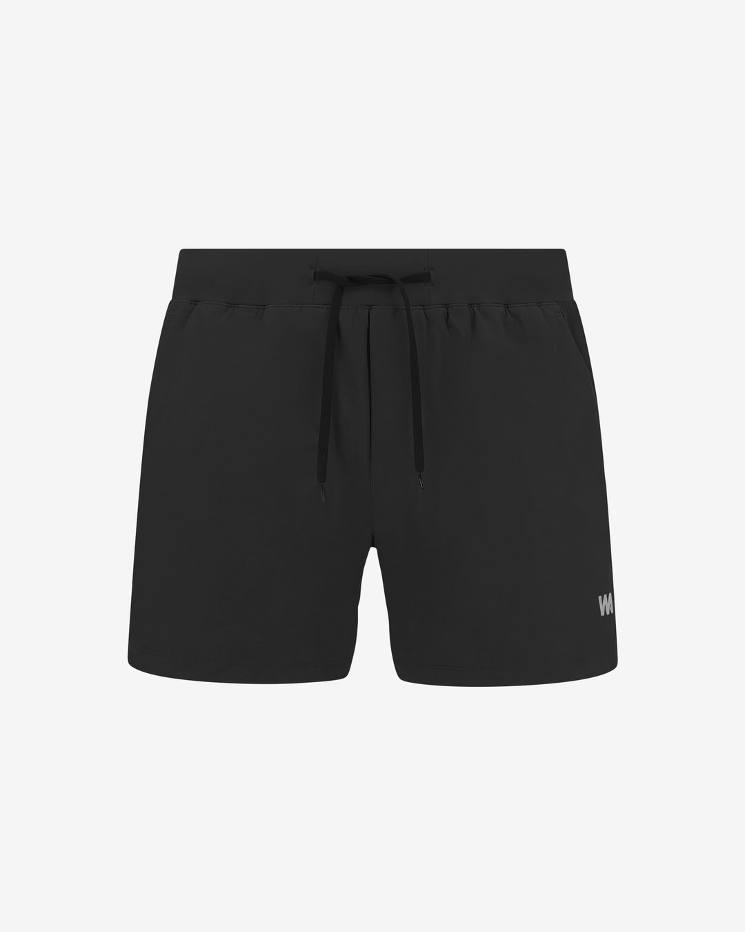 Black running shorts with drawstring and subtle logo.