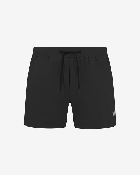 Black running shorts with drawstring and subtle logo.