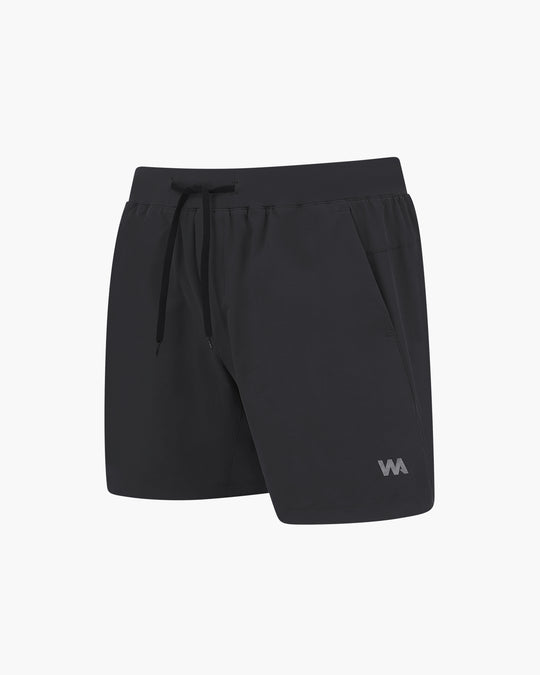 Black athletic shorts with drawstring and logo.