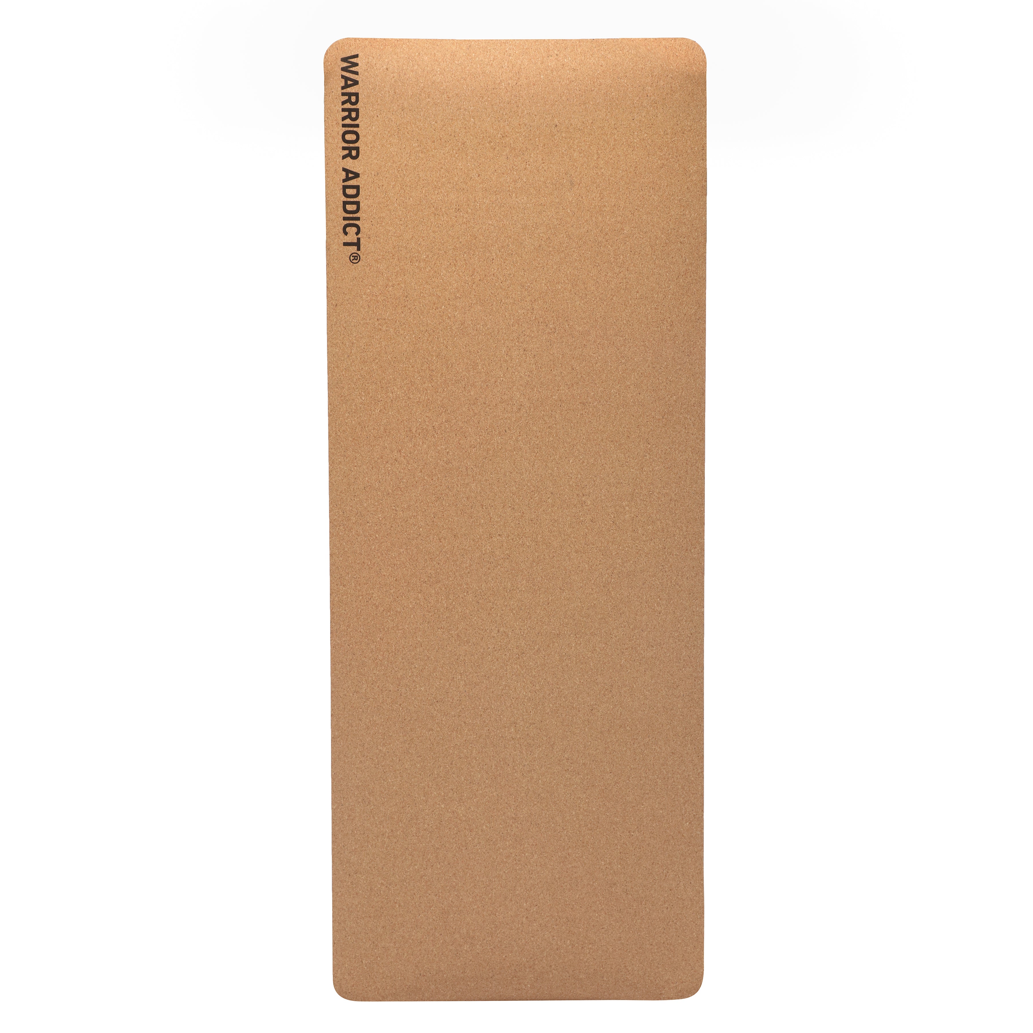 Brown cork yoga mat with the logo "WARRIOR ADDICT" in black.