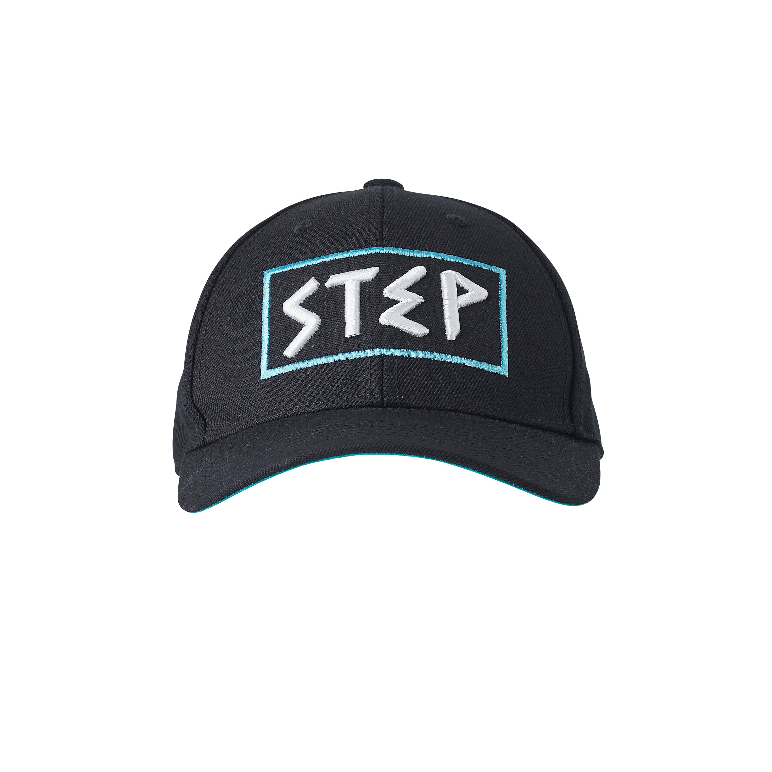 Black baseball cap with the word "STEP" in a white sans-serif font on a light blue rectangle.