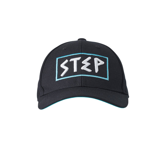 Black baseball cap with the word "STEP" in a white sans-serif font on a light blue rectangle.