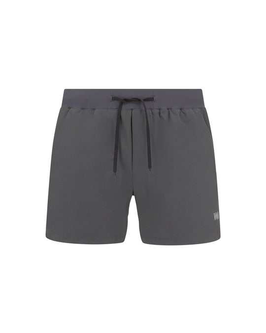 Gray athletic shorts with a drawstring.
