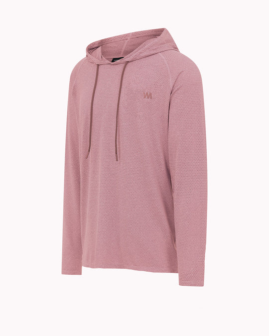 Dusty rose-colored hooded long-sleeve shirt with drawstrings and small logo on the chest.