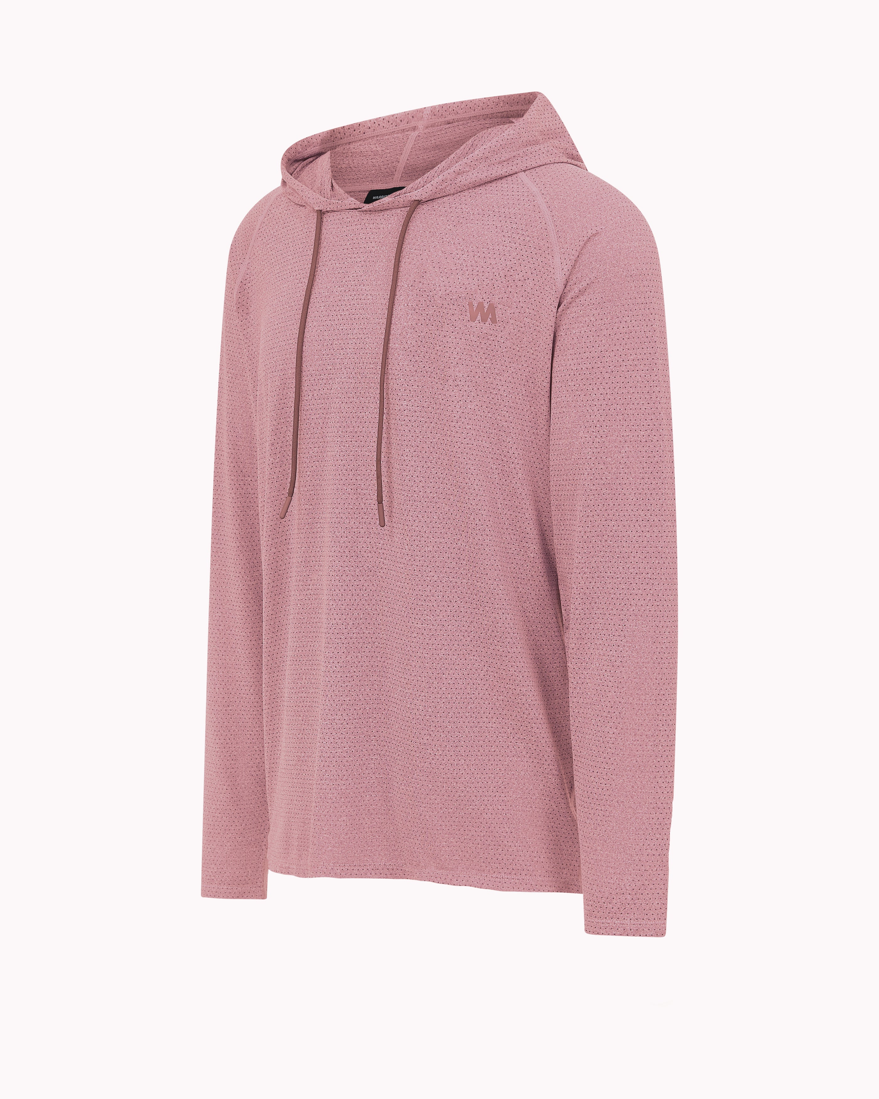 Dusty rose-colored hooded long-sleeve shirt with drawstrings and small logo on the chest.