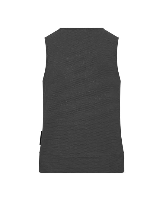 Back view of a gray, sleeveless top with a subtle dotted pattern.
