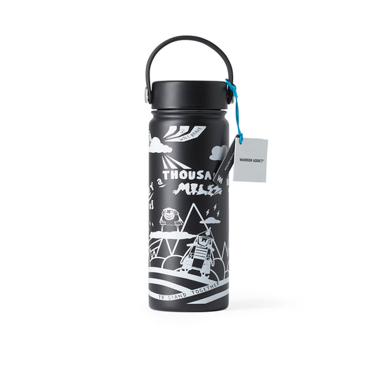 Black water bottle with a white design and a carrying handle.