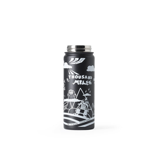Black metal water bottle with a silver lid and white line drawings of mountains, clouds, robots, and motivational phrases.