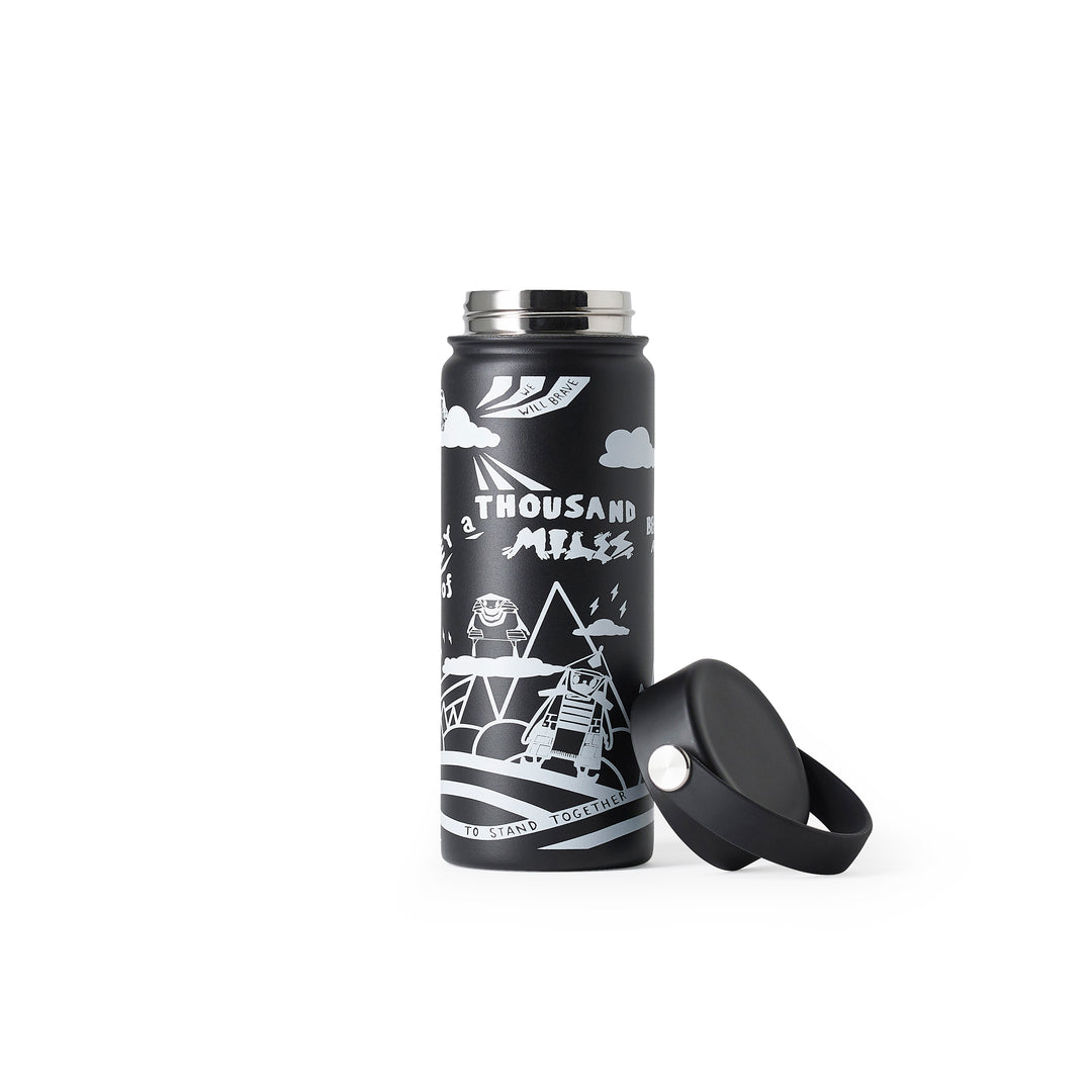 Black insulated water bottle with white illustrations and a black lid.
