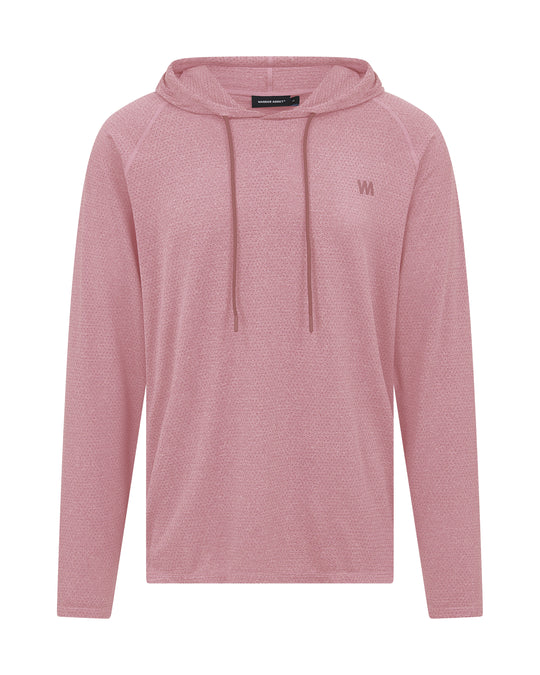 Pink hooded sweatshirt with long sleeves.
