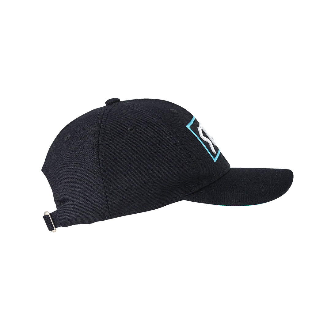 Black cap with white and light blue logo.