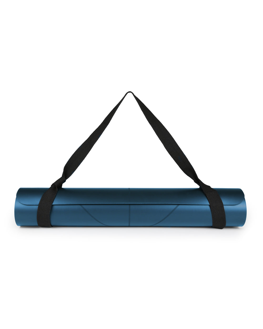 Rolled-up blue yoga mat with black strap.