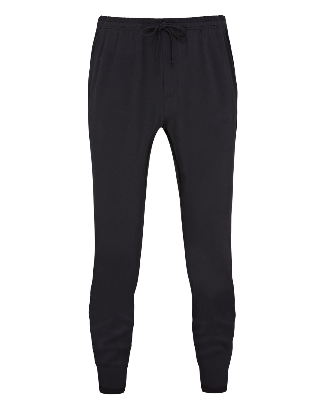 Black sweatpants with drawstring waist.
