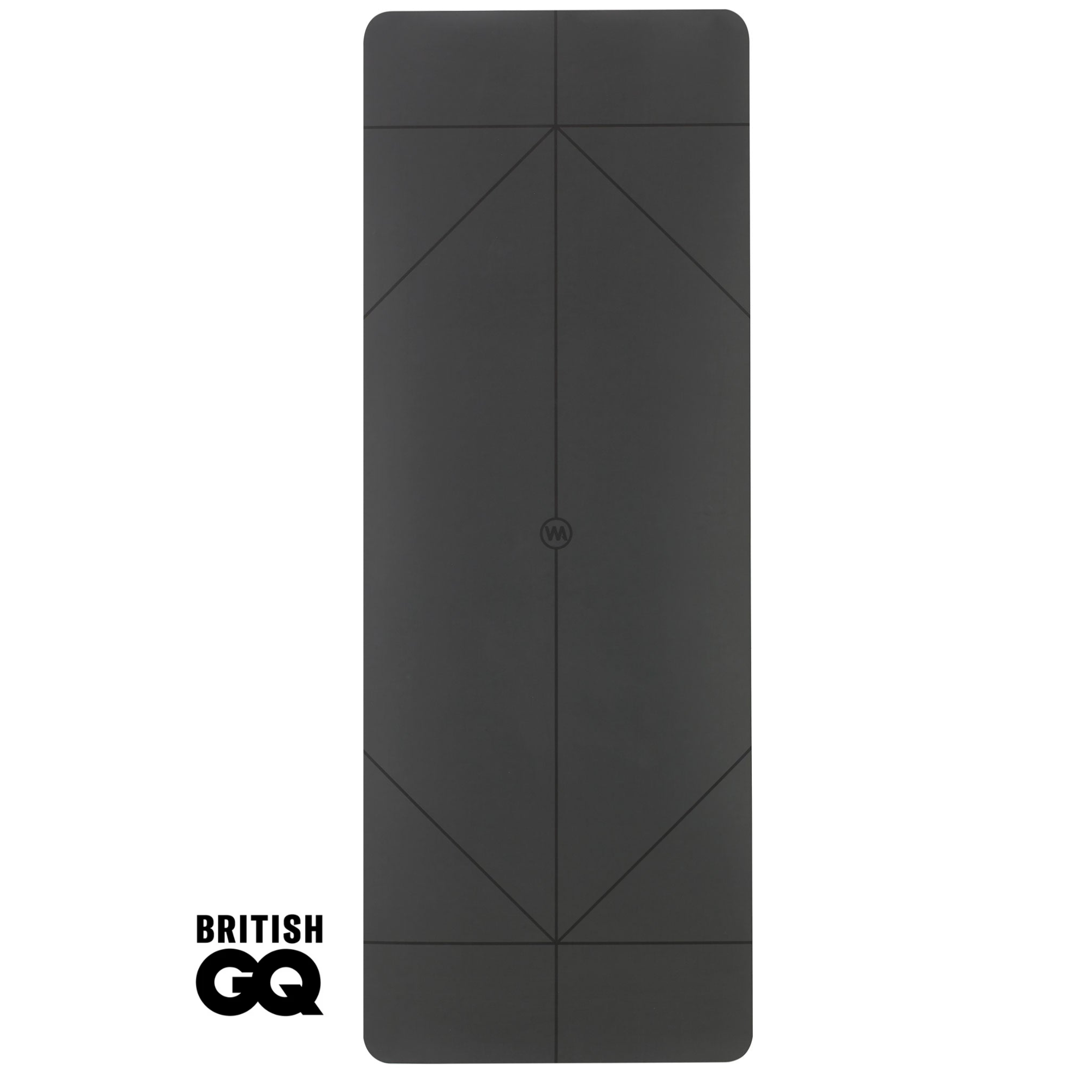 Gray yoga mat with alignment lines and British GQ logo.
