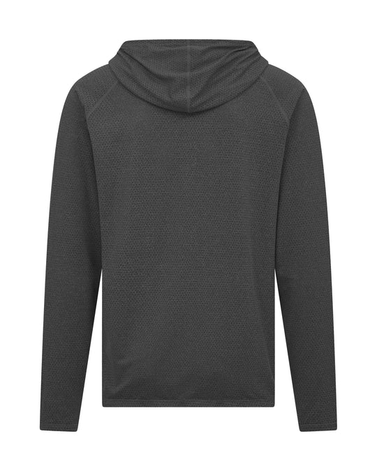Back of gray hooded long-sleeved shirt.