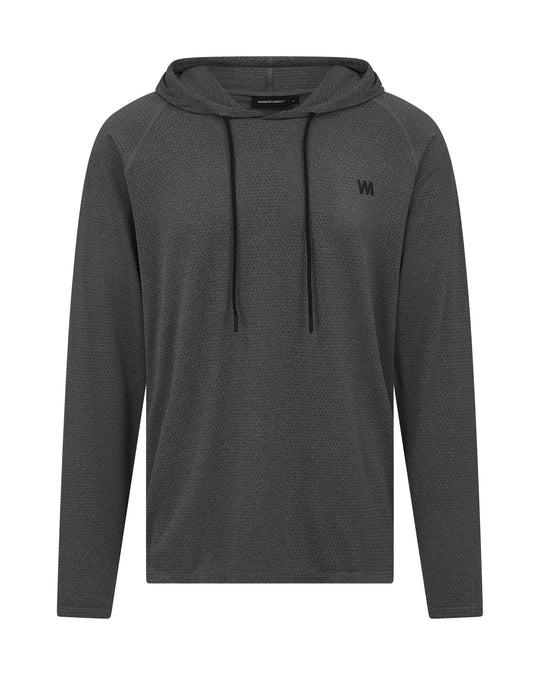 Gray long-sleeved hooded shirt with a dark gray waffle texture.