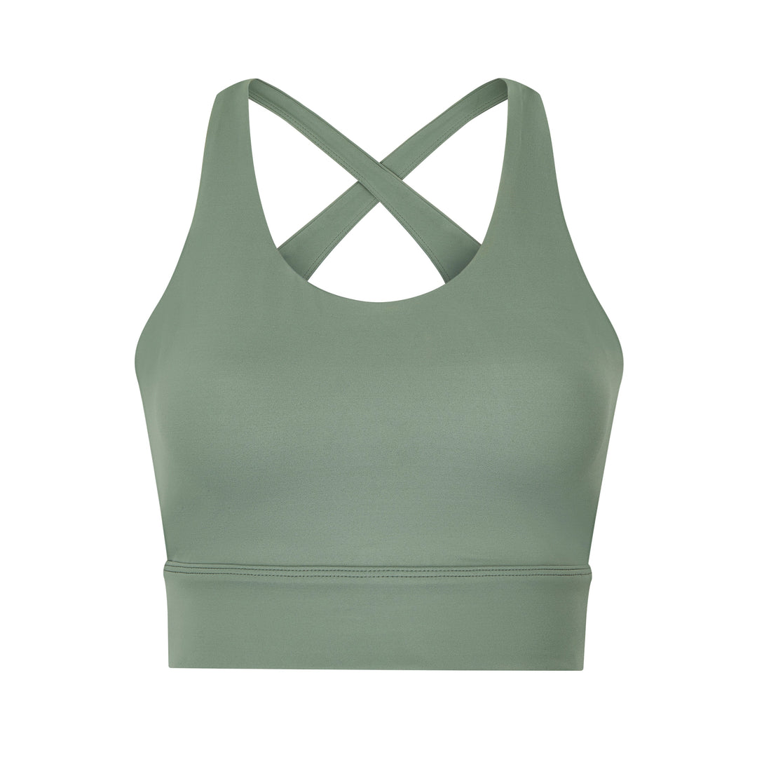Light green sports bra with crossover back straps.