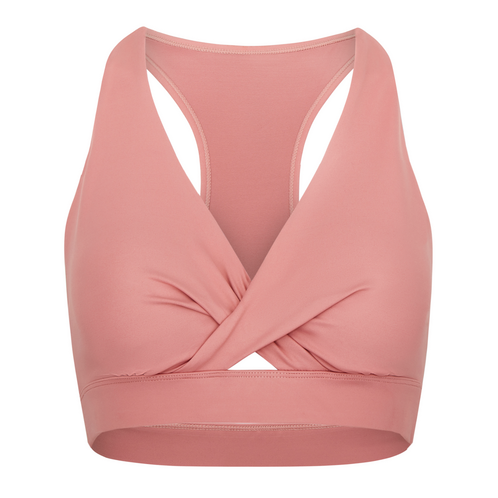 Rose-colored sports bra with twisted front.