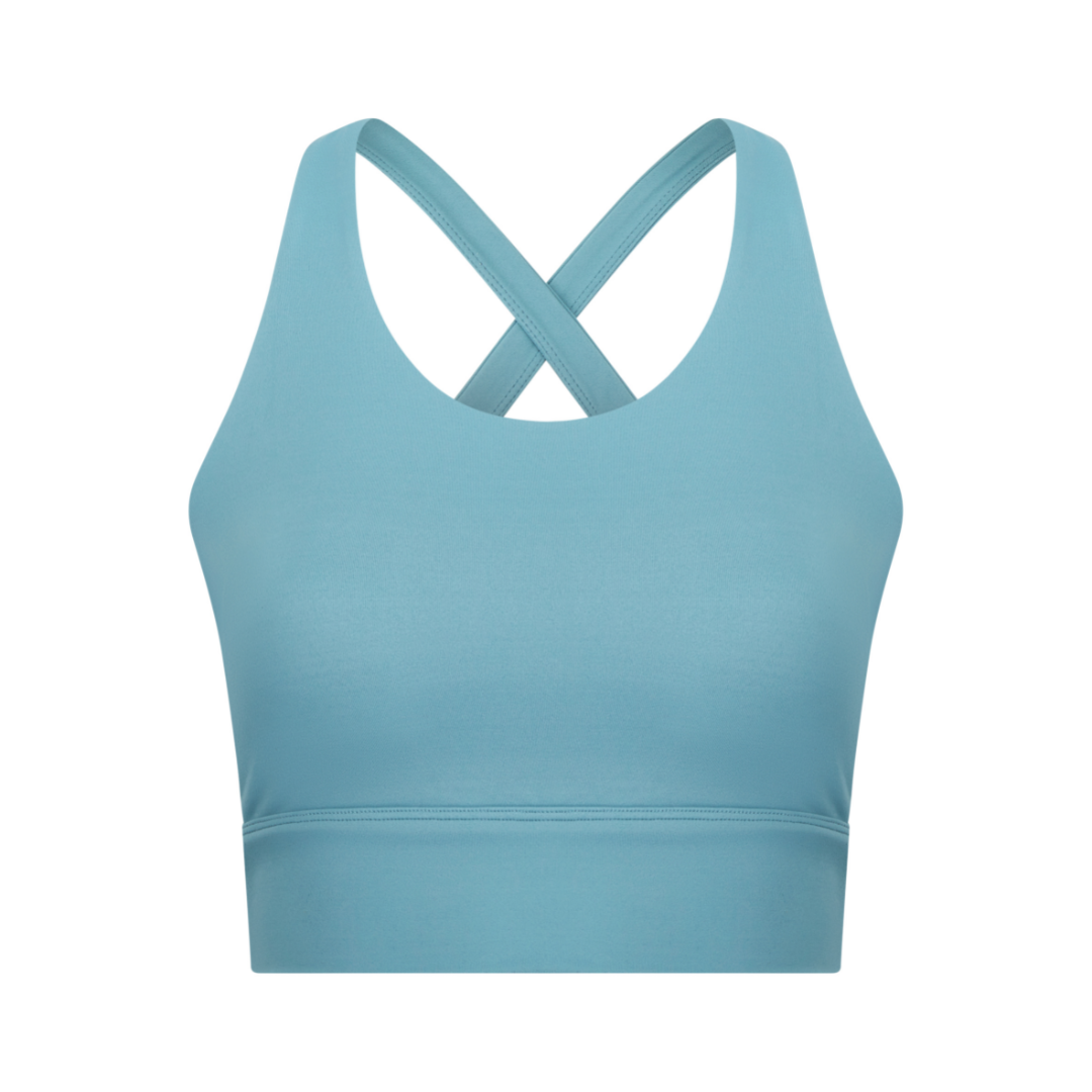 Blue sports bra with crossed straps.