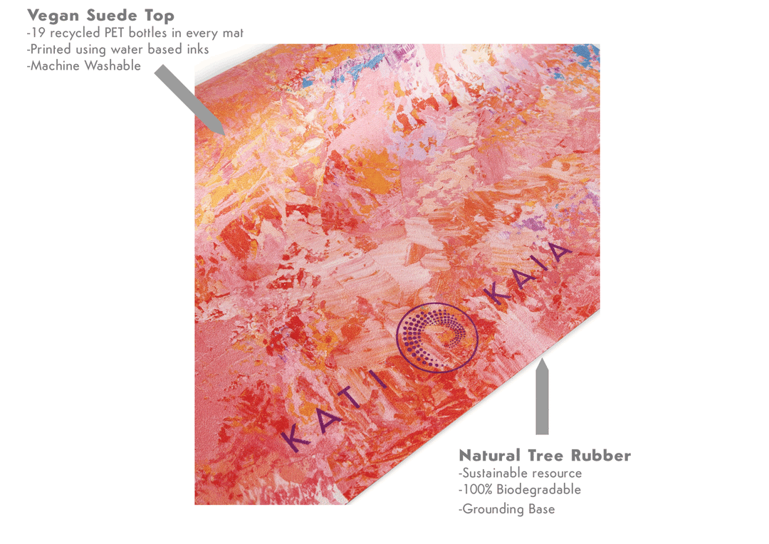 Close-up of a "KATI KAJA" yoga mat featuring a vibrant pink and orange abstract design, vegan suede top, natural tree rubber base, and eco-friendly benefits.