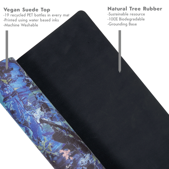 Rolled-up blue patterned yoga mat with vegan suede top and sustainable natural tree rubber base.