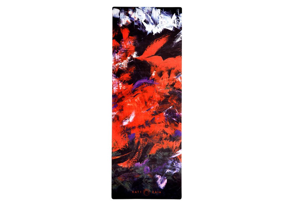 Abstract, red, purple, and white yoga mat.