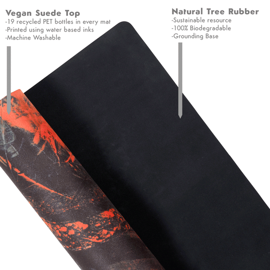 Rolled up yoga mat with a vegan suede top layer and a natural tree rubber base.