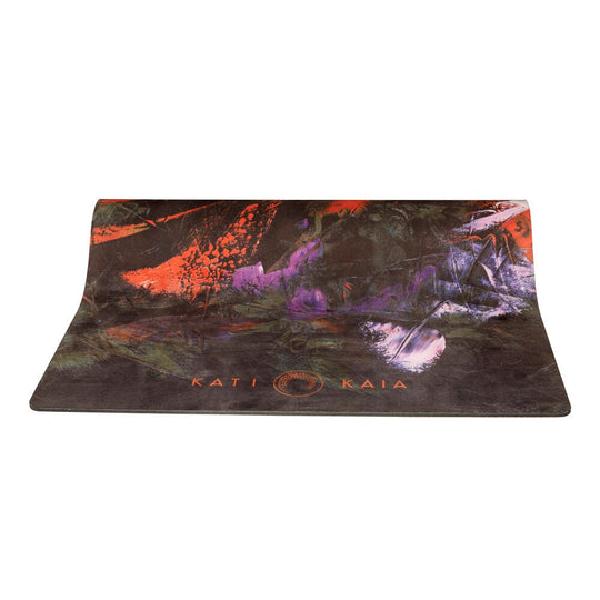 Yoga mat with colorful abstract art.