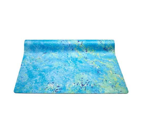 Turquoise and blue patterned yoga mat.