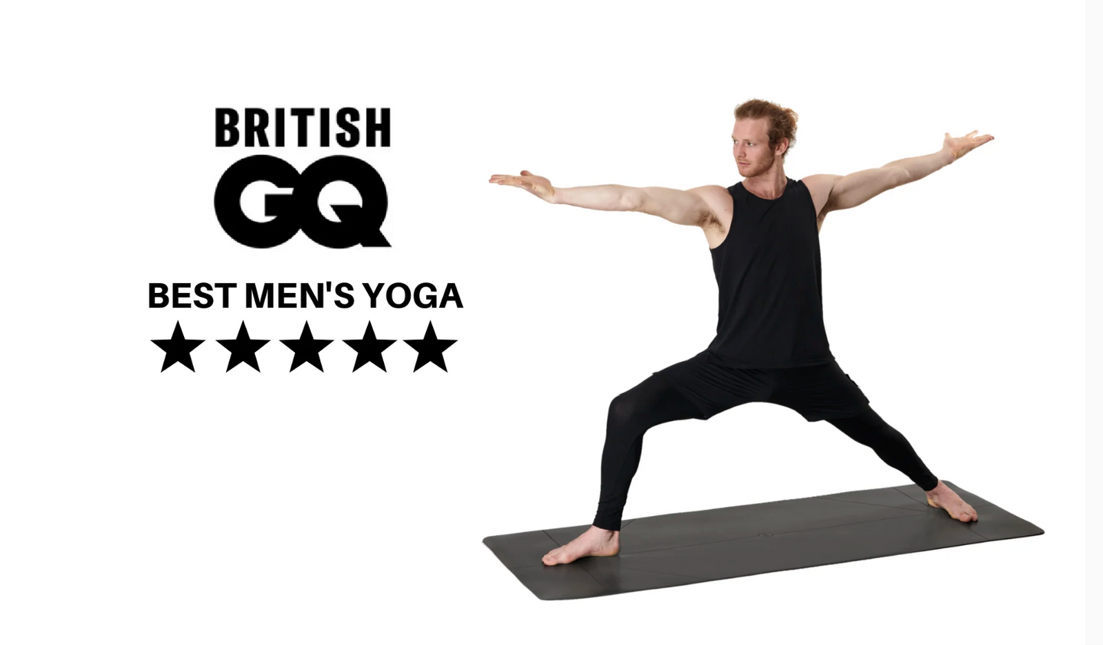 man on a warrior addict yoga mat with GQ logo next to it 