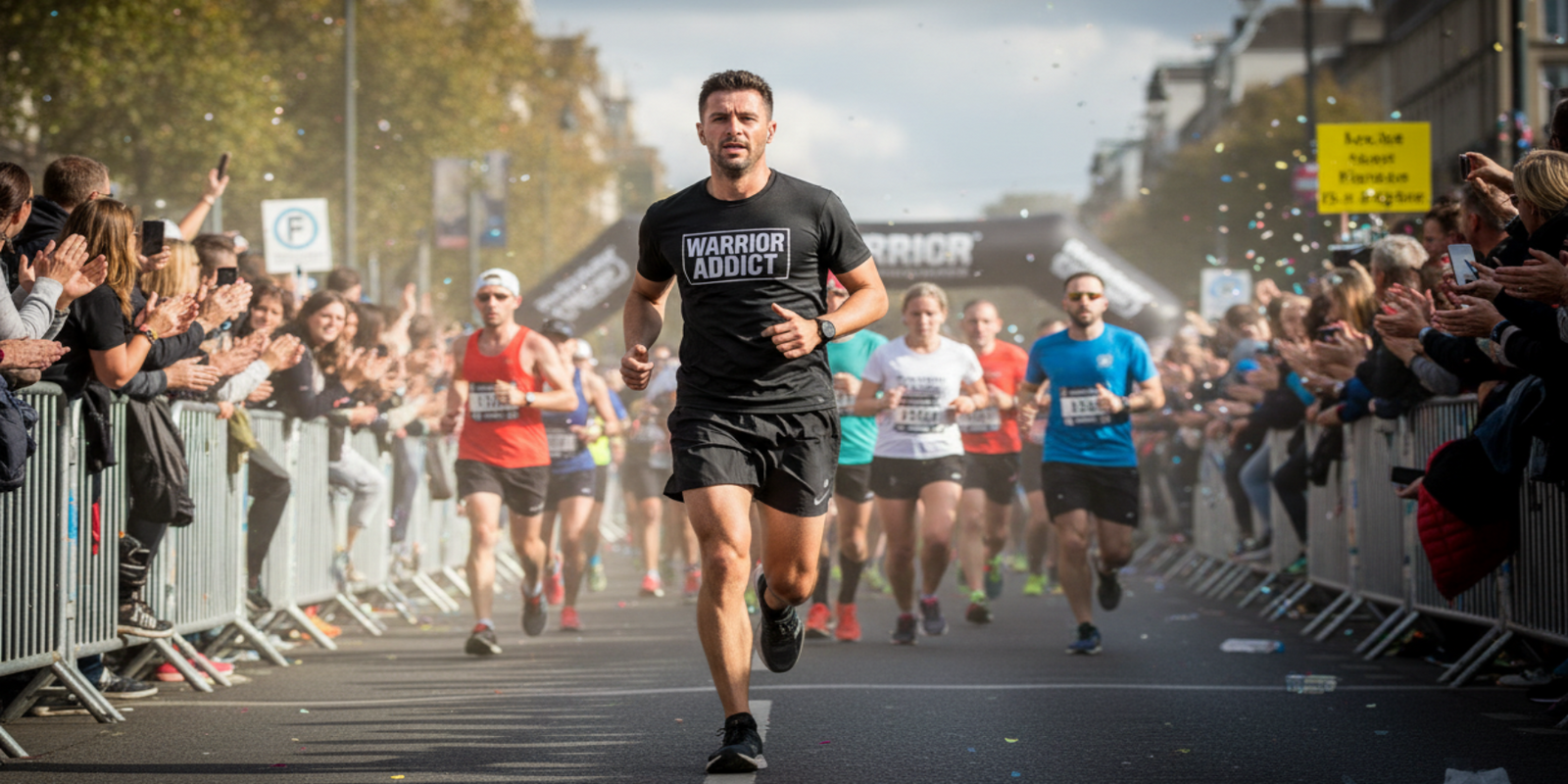 man in warrior addict t-shirt running in a race on a road 