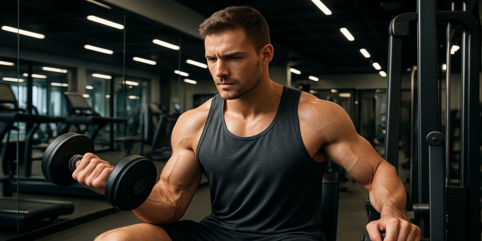 man at the gym in  grey tank lifting weights