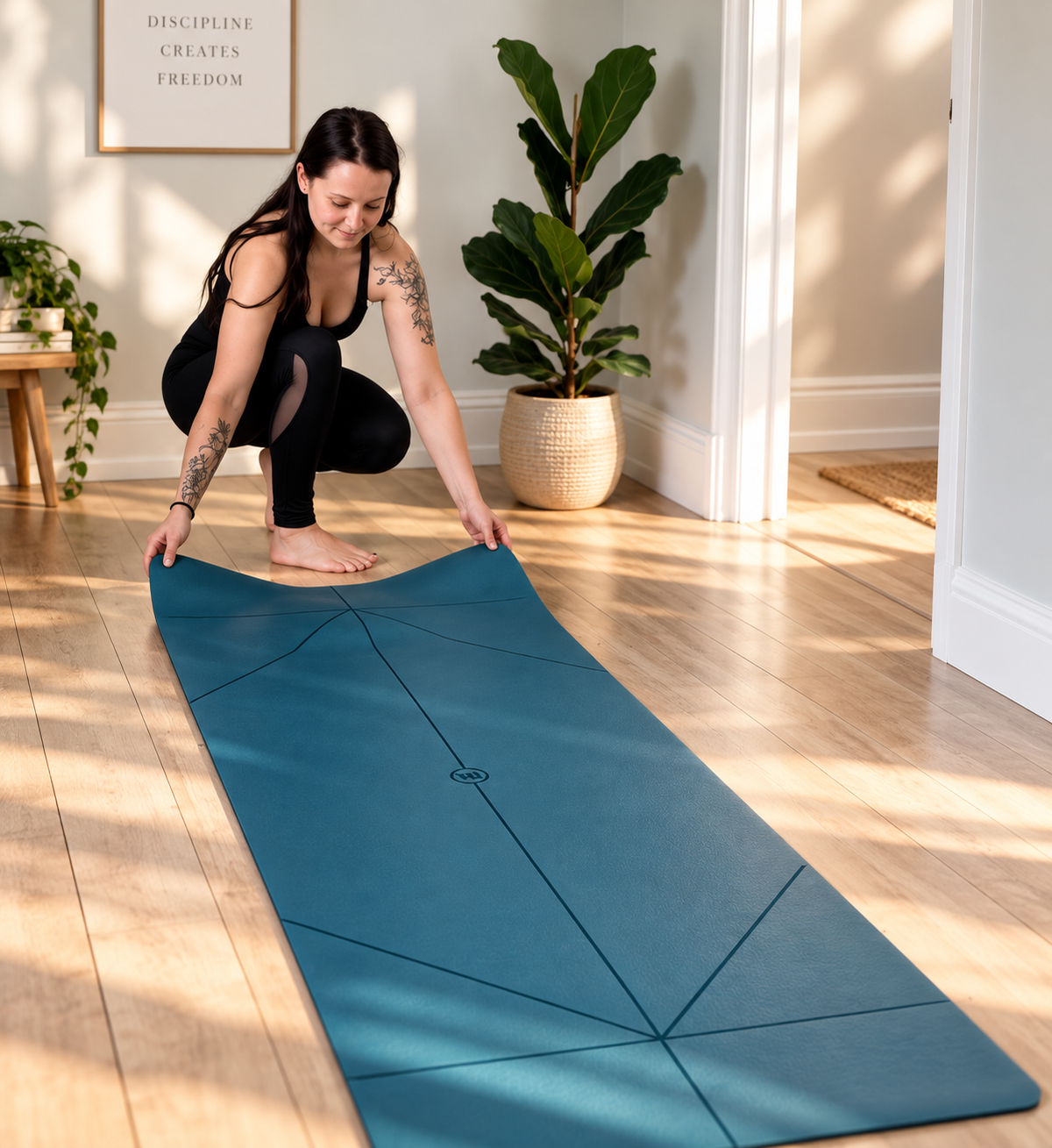 A woman in black activewear crouches on a wooden floor, stretching a teal yoga mat laid out in a bright room with potted plants and warm sunlight.
