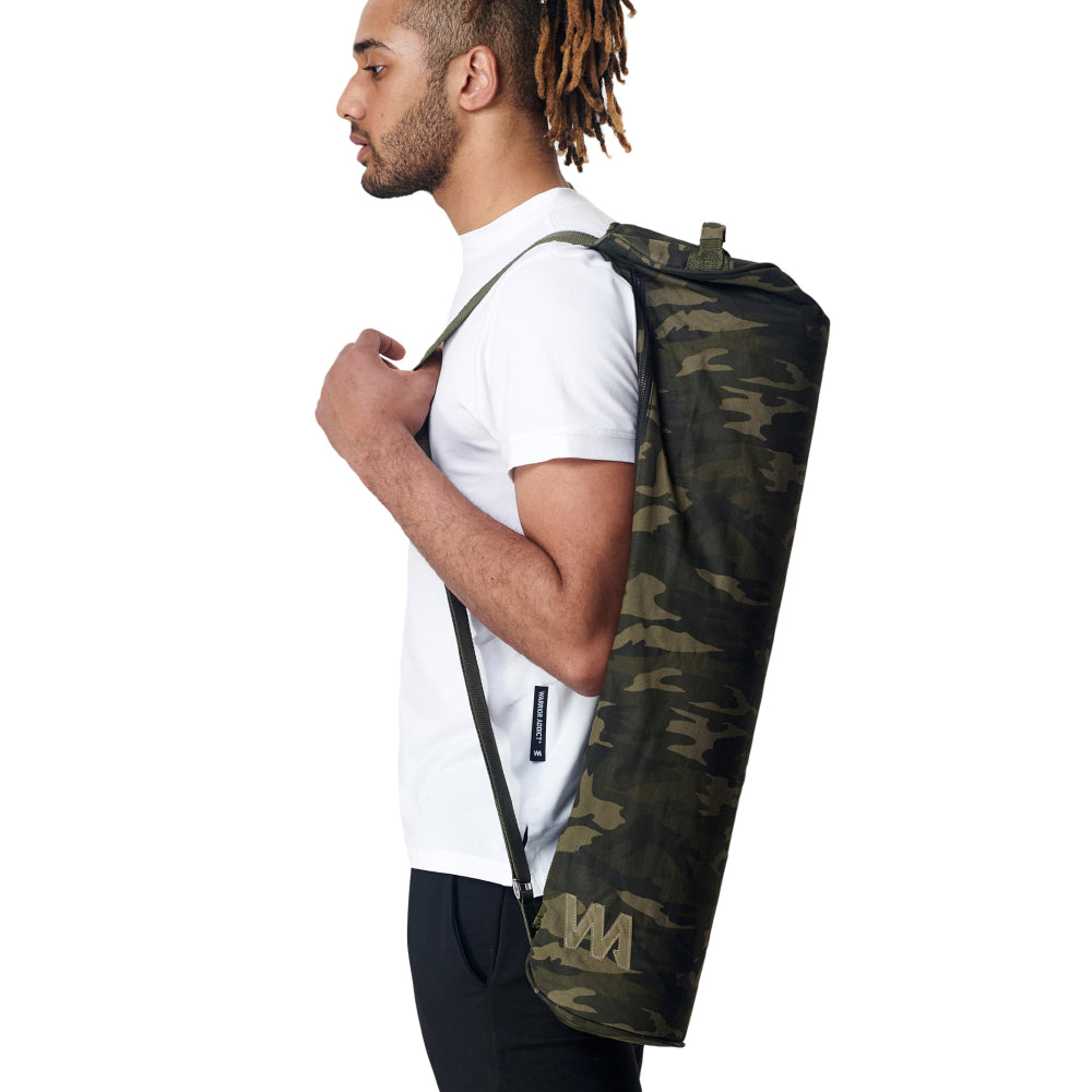warrior addict camo print yoga mat bag extra large side shot on model