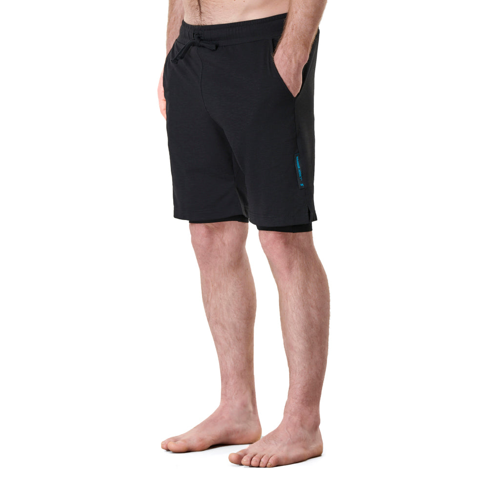 front of warrior addicts mens yoga shorts in black 