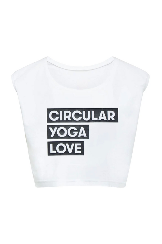 White sleeveless top with 'Circular Yoga Love' text on a white background