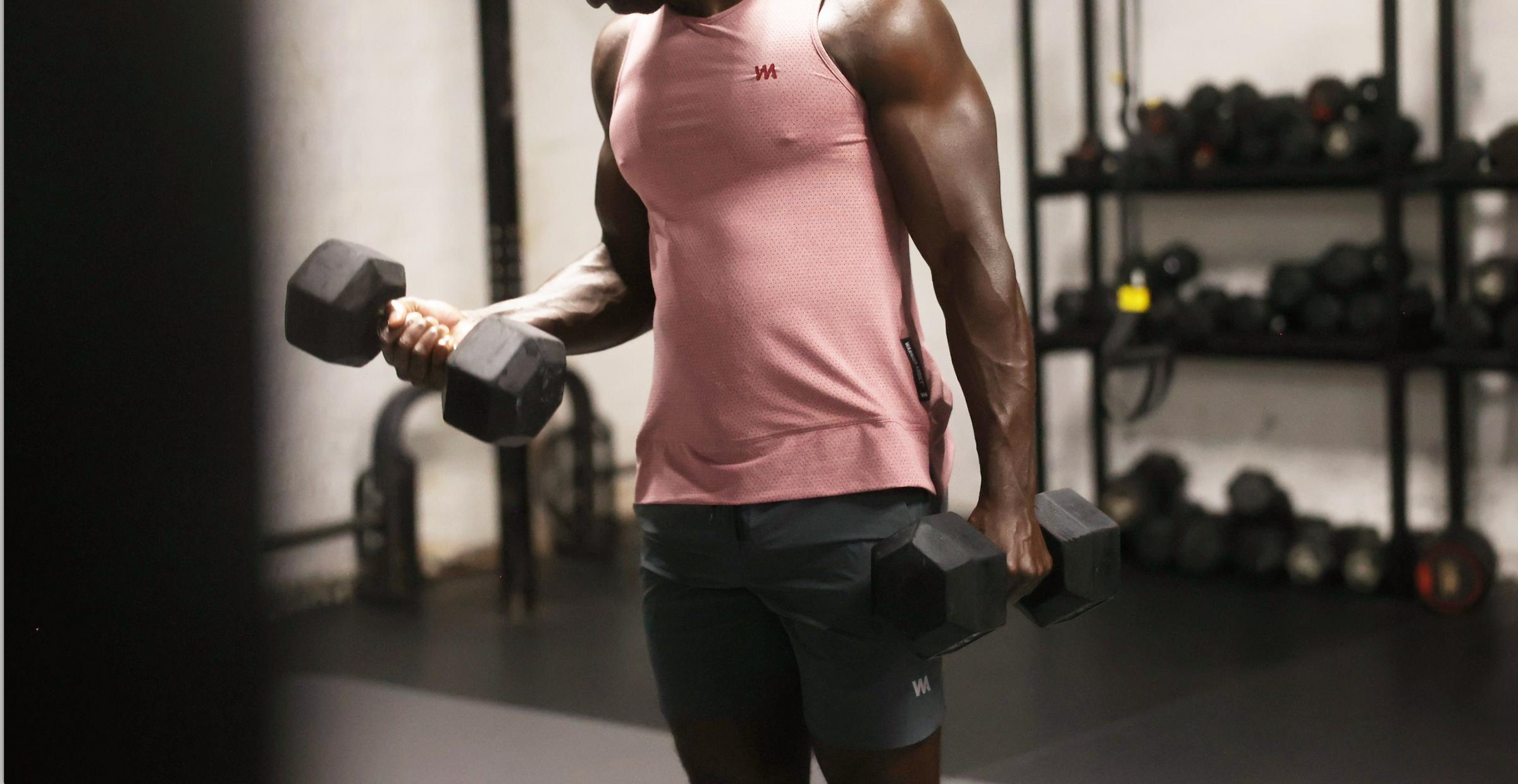 Person lifting dumbbells in a gym setting wearing warrior addict mens activewear 